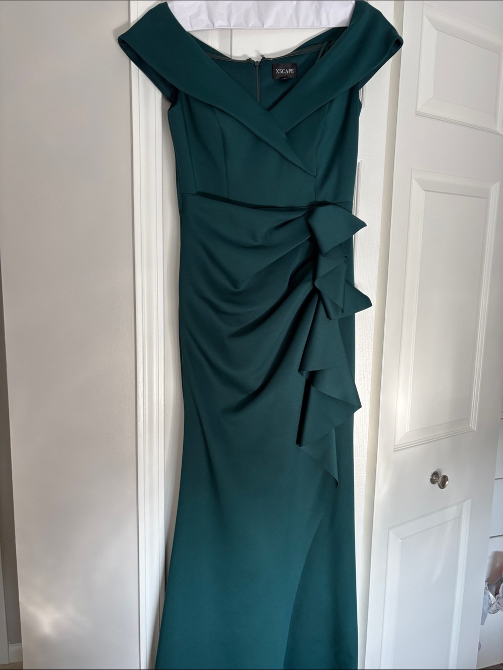Xscape hunter green Off-Shoulder Ruffle-Detail Maxi Gown